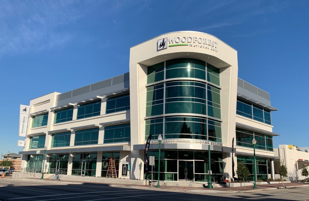 The newly re-built Woodforest National Bank building in Downtown Conroe.